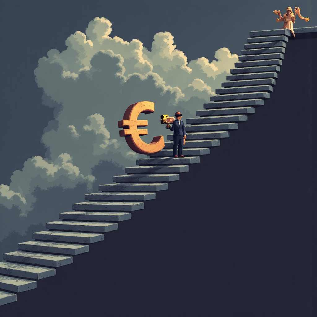 歐元貨幣符號在風暴雲下沿階梯下跌，象徵經濟不確定性