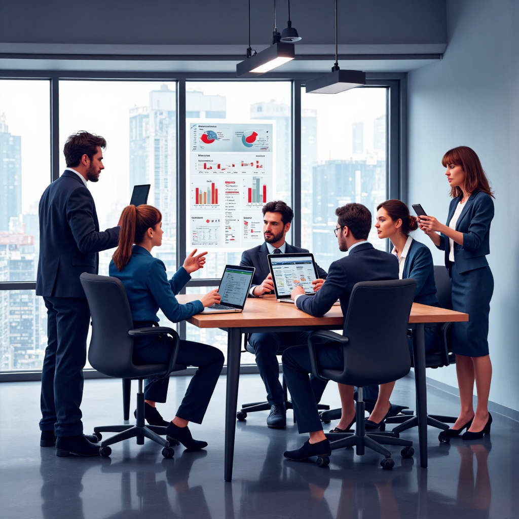 多元化商務人士在現代辦公室圍桌合作,螢幕顯示數位金融圖表,像素藝術風格