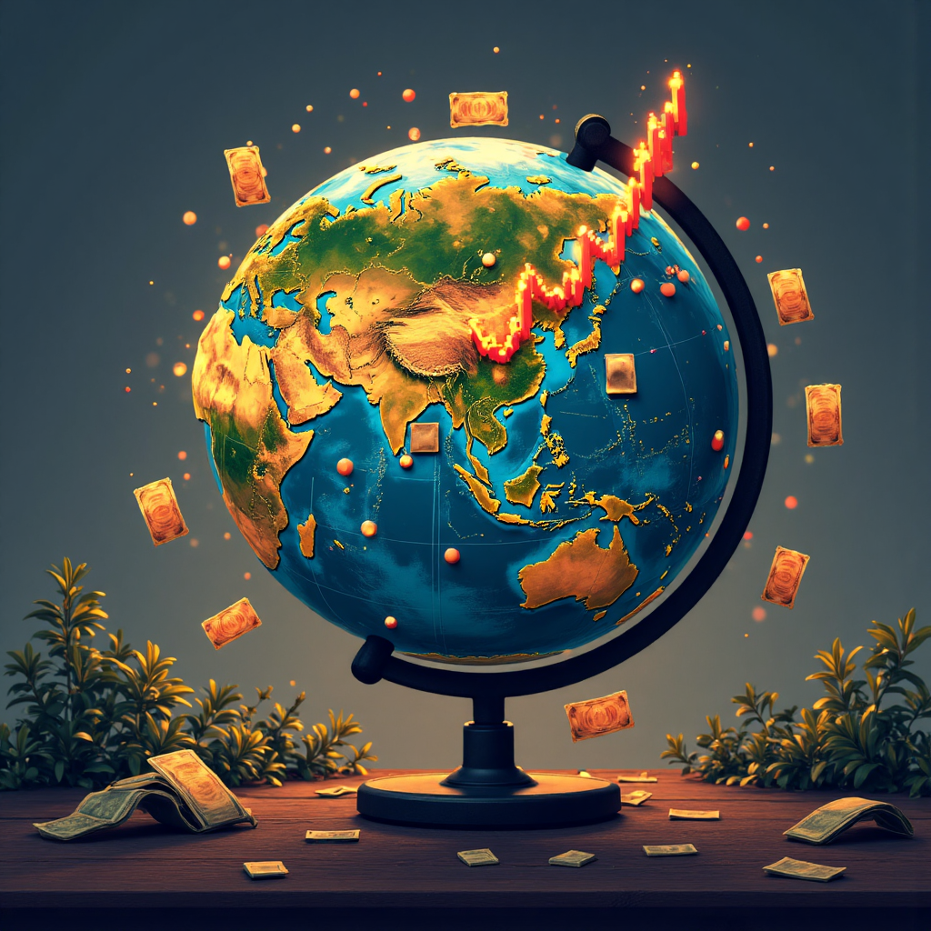 全球經濟脈動的像素藝術圖示,顯示地球與波動的財務圖表和債券證書