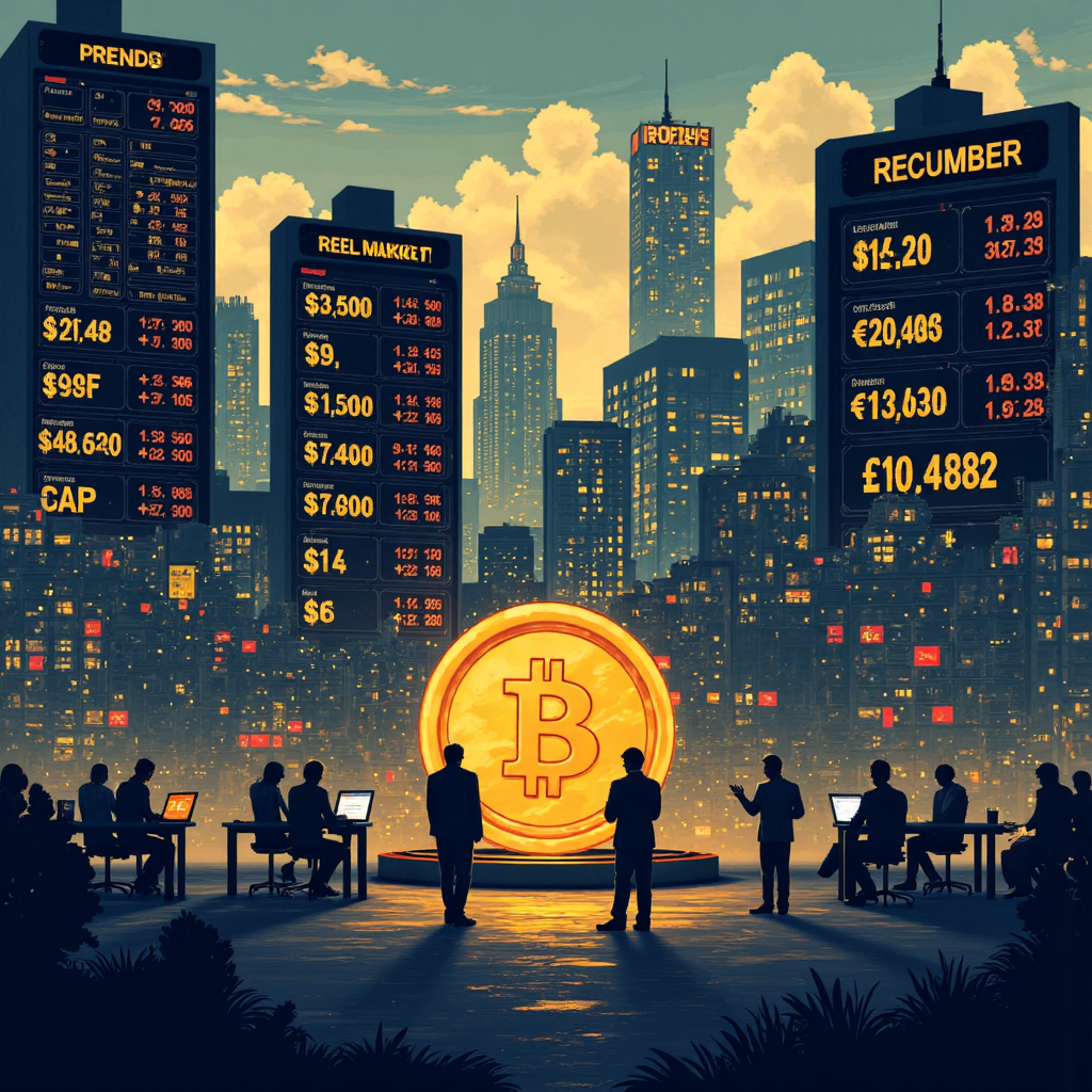 a dynamic scene of a bustling global financial market with traders in a stylized illustration surrounding a large bright golden coin representing the gold spot price on a screen showing various currency symbols interacting and dynamic lines indicating price fluctuations with a modern cityscape silhouette in the background