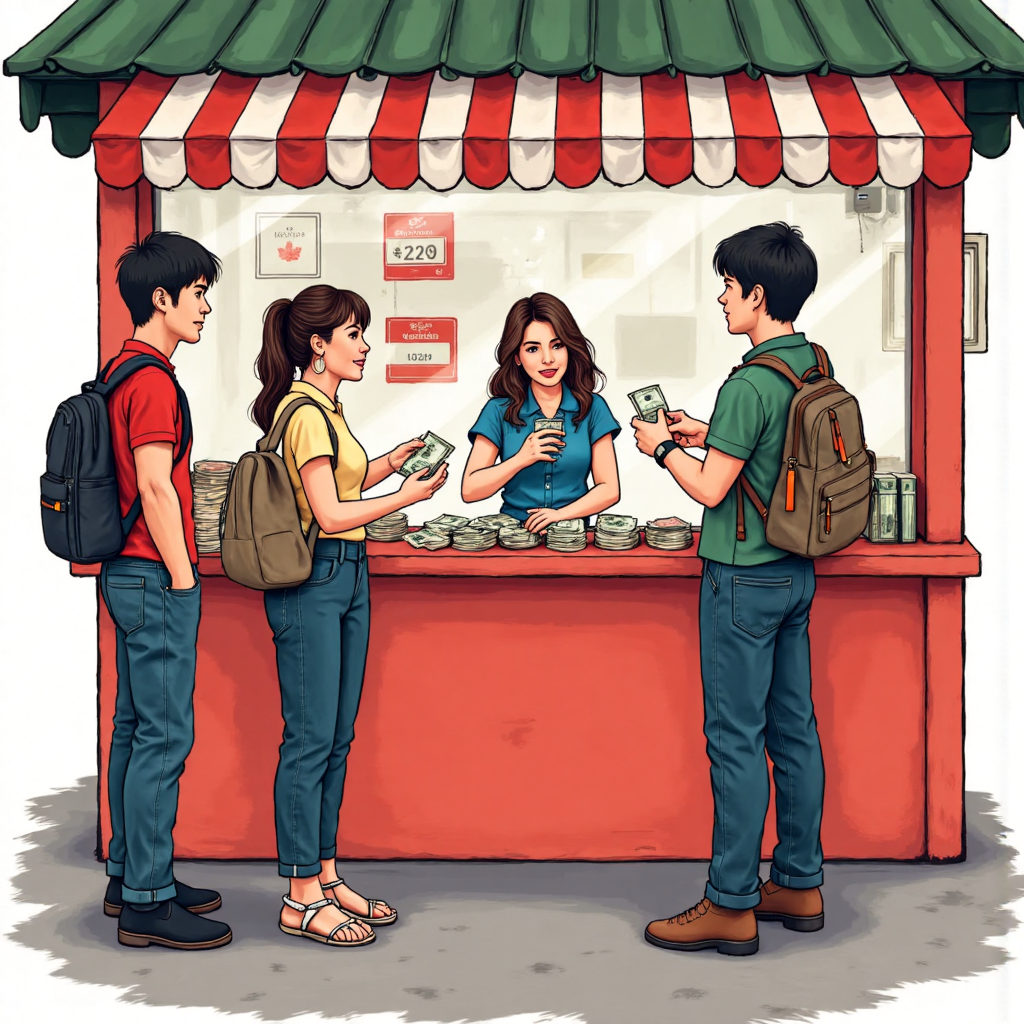ภาพประกอบนักเดินทางหลากหลายแลกเปลี่ยนดอลลาร์แคนาดาที่เคาน์เตอร์แลกเงินเอเชียที่คึกคัก โดยเน้นความสะดวกและอัตราที่ดี