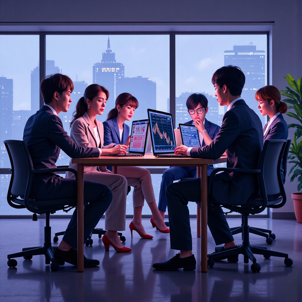 Stylized illustration showing a diverse group of Thai investors analyzing Nikkei Futures charts on laptops with glowing screens in a modern office setting