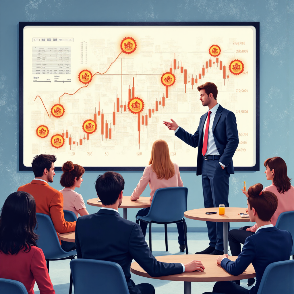 多元群體觀察金融圖表與貨幣符號的像素藝術插圖,象徵炒外匯的分析與謹慎