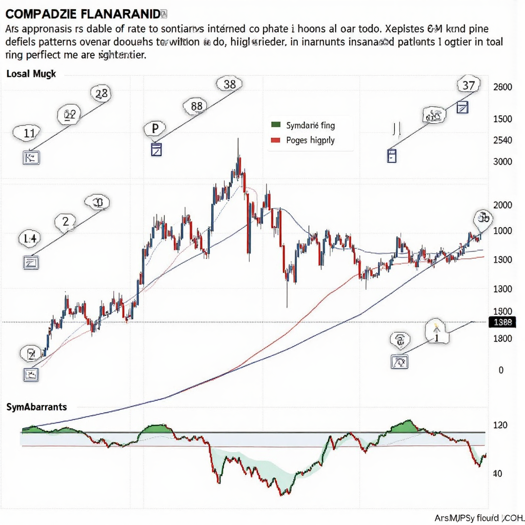 A comprehensive illustration showcasing a classification of continuation patterns such as flags pennants and symmetrical triangles arranged neatly on a clean trading interface with subtle network connections suggesting market data flow