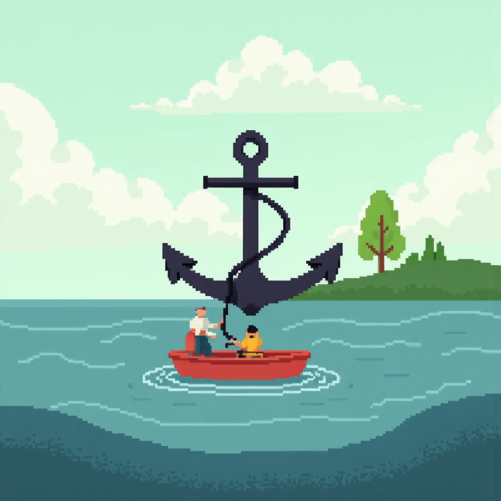 像素藝術風格插圖,顯示堅固錨穩住小船在平靜海面輕浪中,象徵貨幣市場基金的穩定與安全,使用友好卡通風格,藍綠柔和色調