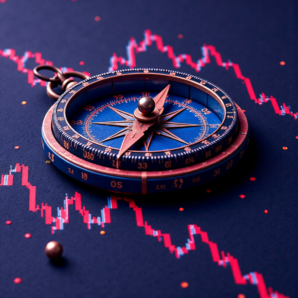 A vibrant illustration of a compass overlaid on a dynamic Forex chart with rising and falling price lines suggestive of market trends