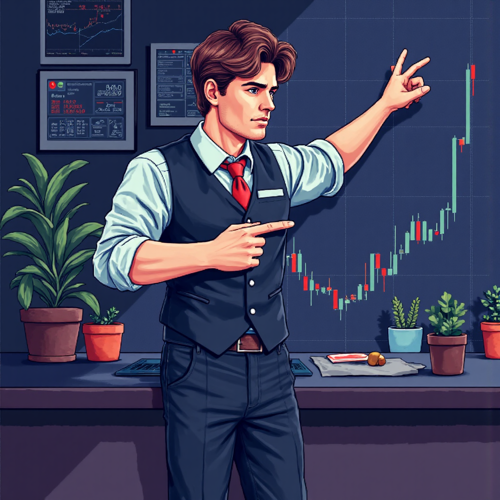 An illustration of a trader confidently pointing at a clear uptrend line on a digital chart symbolizing successful analysis and profitable trading outcomes