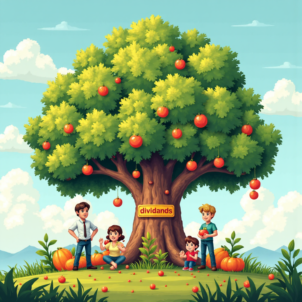 ภาพศิลปะสไตล์ไพเซลที่แสดงธุรกิจที่เฟื่องฟูด้วยฐานะการเงินแข็งแกร่ง เปรียบเสมือนต้นไม้ใหญ่ที่ออกผลปันผล ล้อมรอบด้วยผู้ถือหุ้นที่ยิ้มแย้มในบรรยากาศสดใส乐观