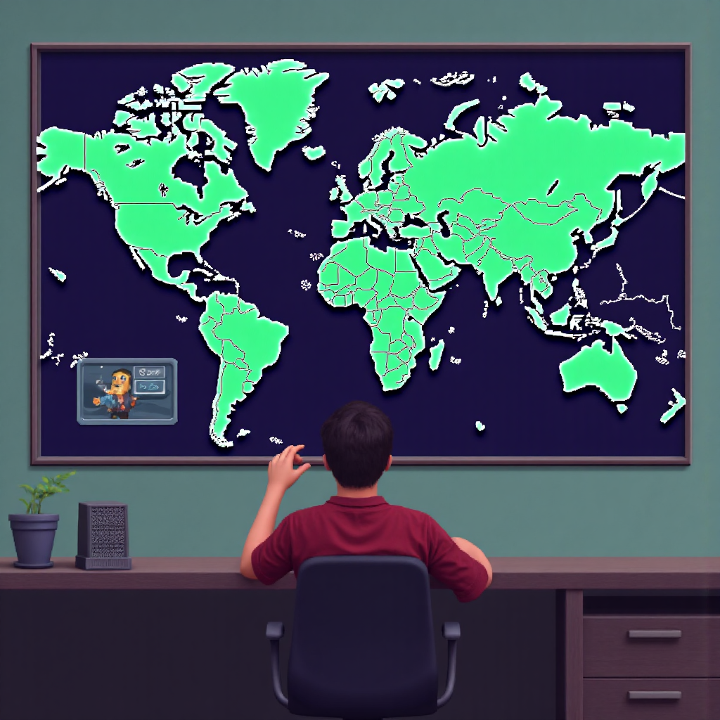 visual metaphor of a shrewd thai investor thoughtfully observing a dynamic world map with highlighted uk and us regions and currency fluctuations