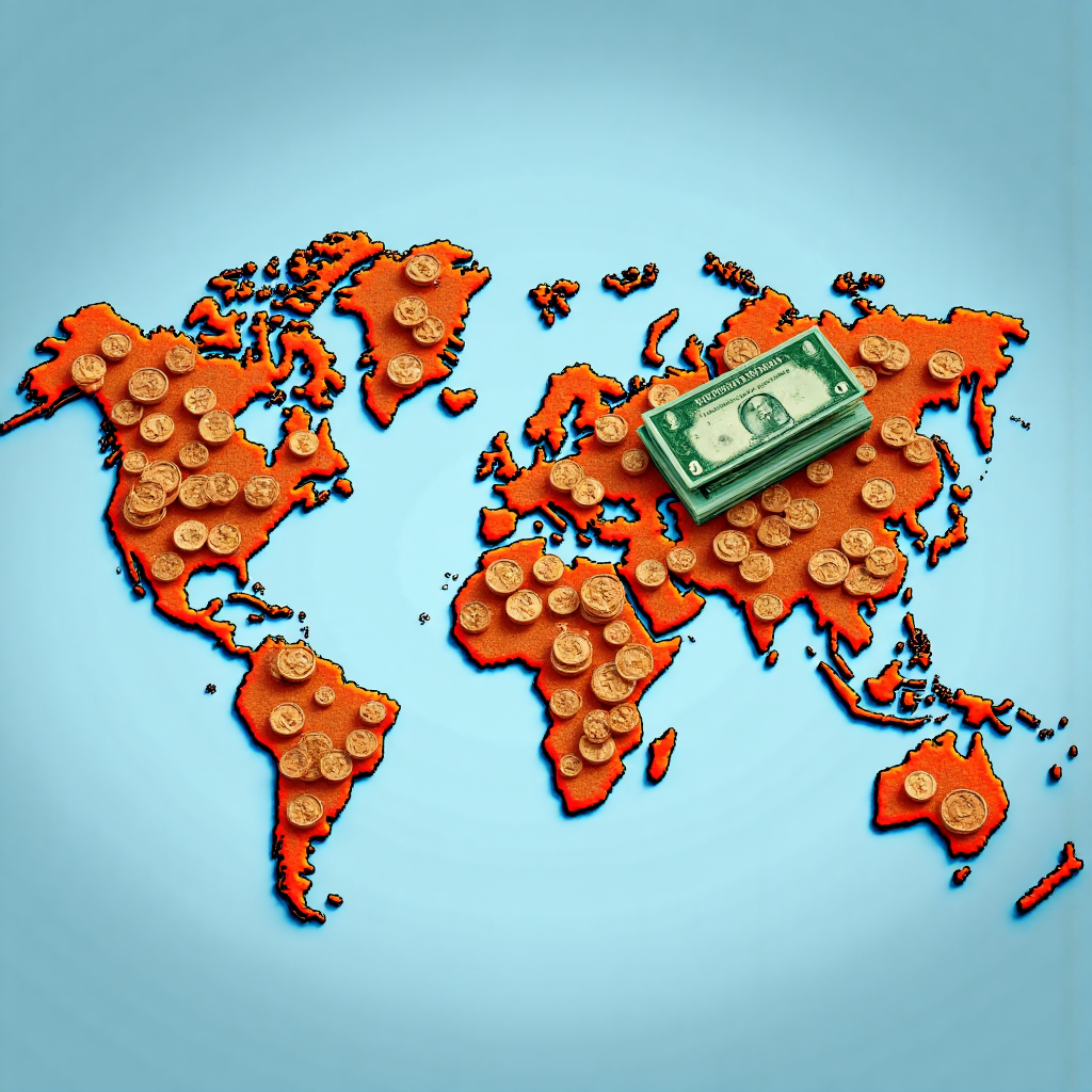 vibrant illustration of australian dollar coins and thai baht banknotes merging with a world map background representing international finance
