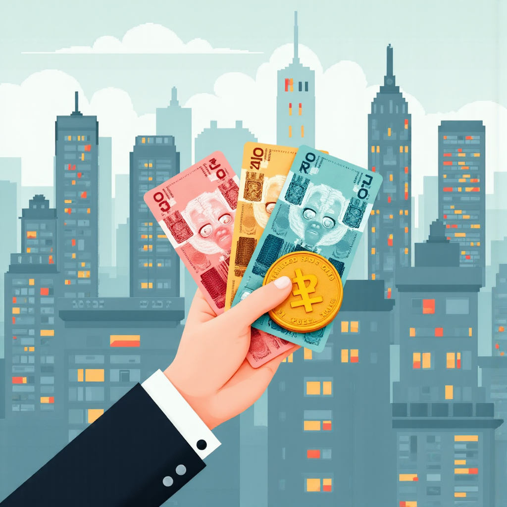 ภาพประกอบมินิมอลลิสต์ของมือถือธนบัตรปอนด์และเหรียญยูโร บนพื้นหลังตลาดการเงินนานาชาติคึกคัก พร้อมองค์ประกอบอินโฟกราฟิกเบาๆ