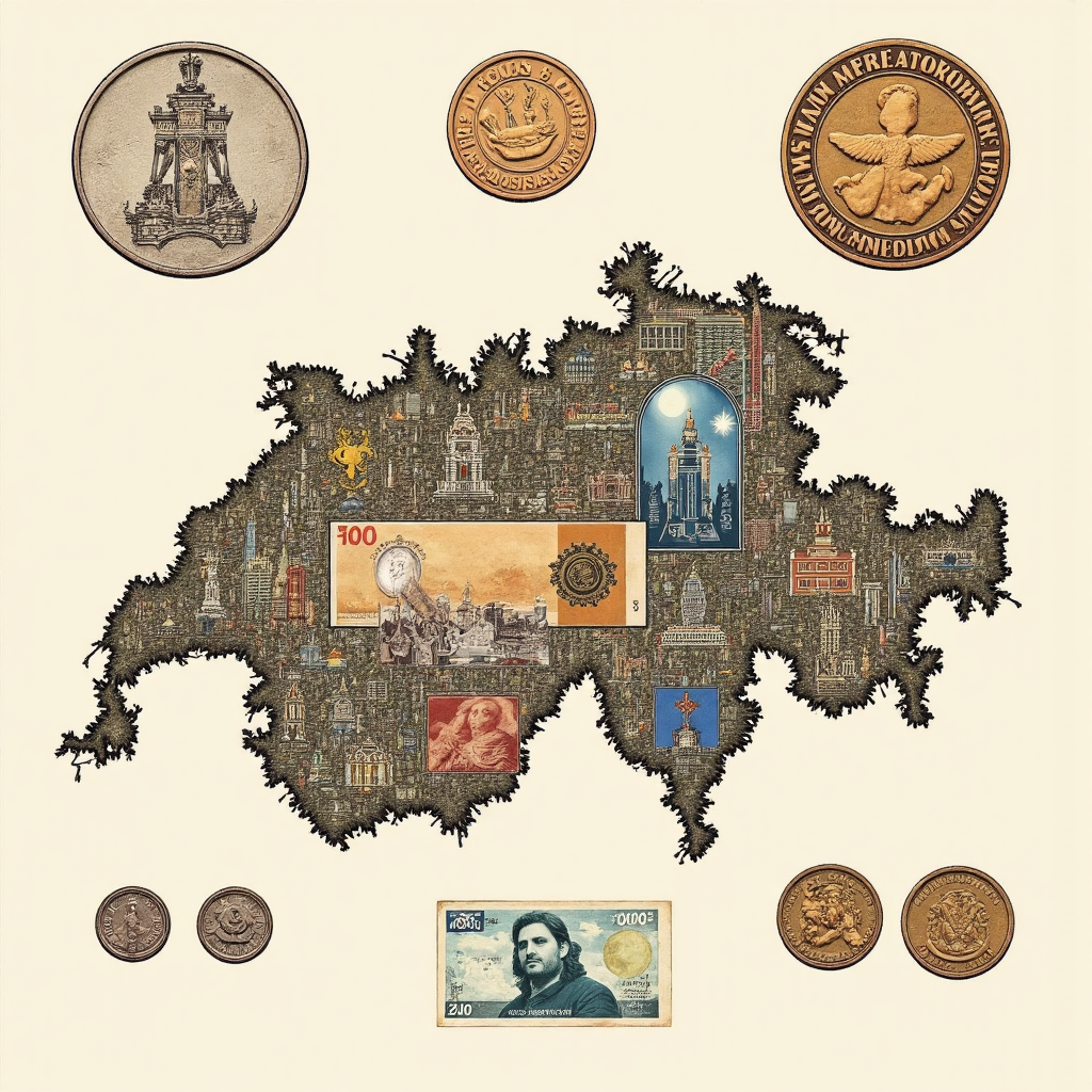 瑞士法郎紙鈔與硬幣的細膩像素藝術插圖，疊加瑞士地圖強調金融中心與中立立場