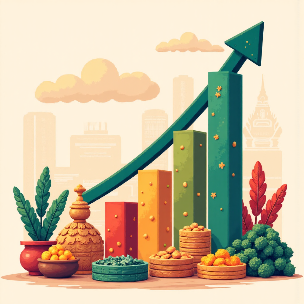 An illustration of financial growth chart with rising bars representing equity investments in a vibrant Thai market setting with subtle traditional patterns in the background a soft color palette