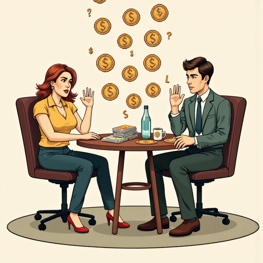 投資者對下跌股價的反應，混合情緒，周圍有掉落的股利硬幣和問號，像素藝術風格