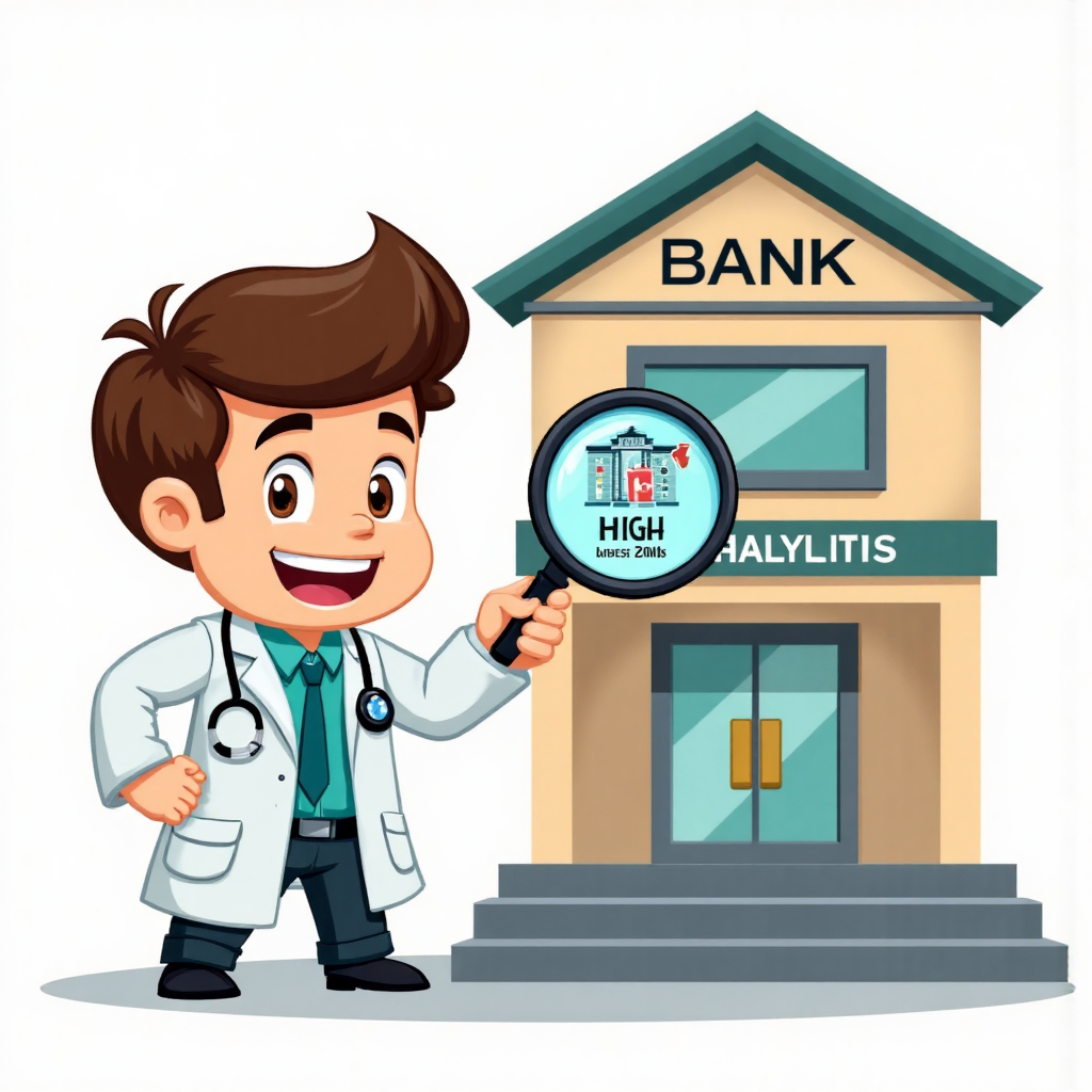 卡通醫生用聽診器檢查健康銀行建築,顯示高資本適足率