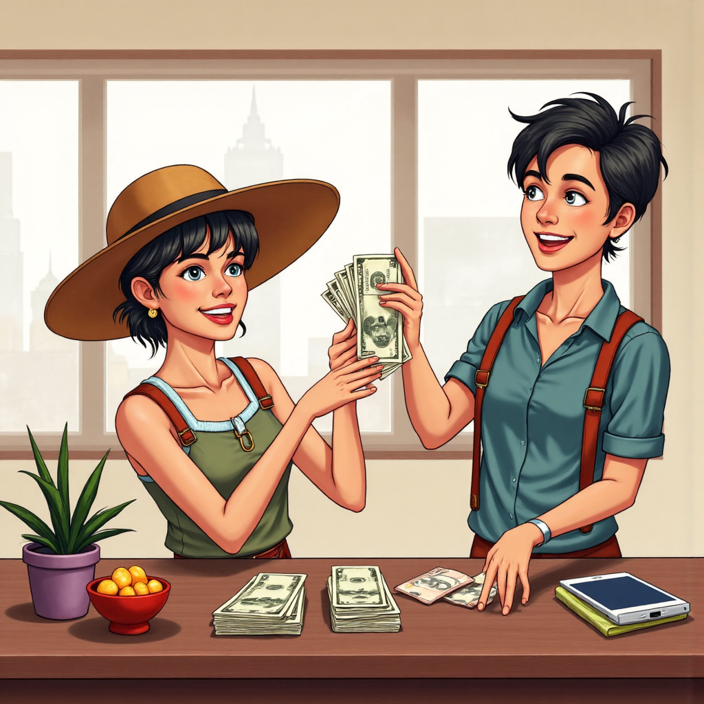 whimsical illustration of a thai traveler confidently exchanging british pound sterling banknotes for thai baht at a modern currency exchange counter lighthearted friendly atmosphere with subtle iconic thai cultural elements in the background