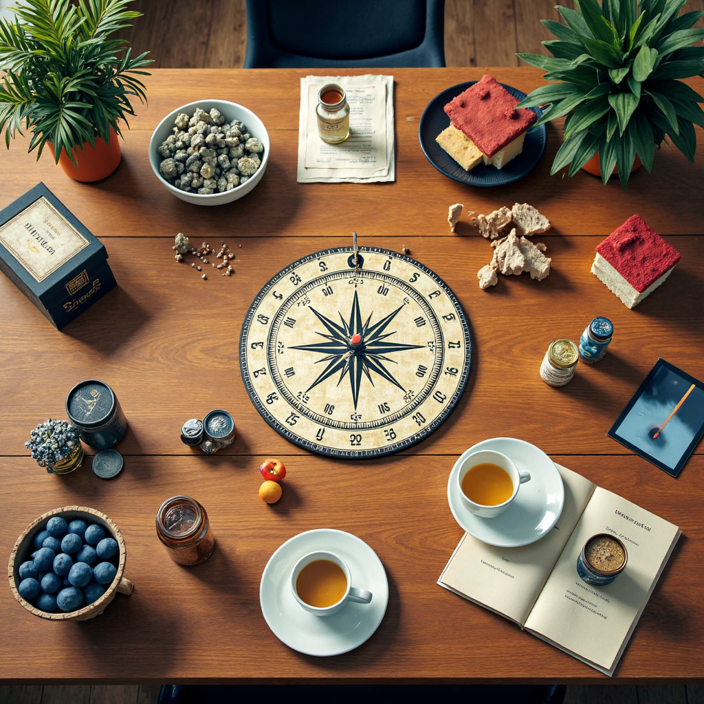 投資資產俯視圖,中央指南針指向上升的30年期債券殖利率符號,傳達策略決策感