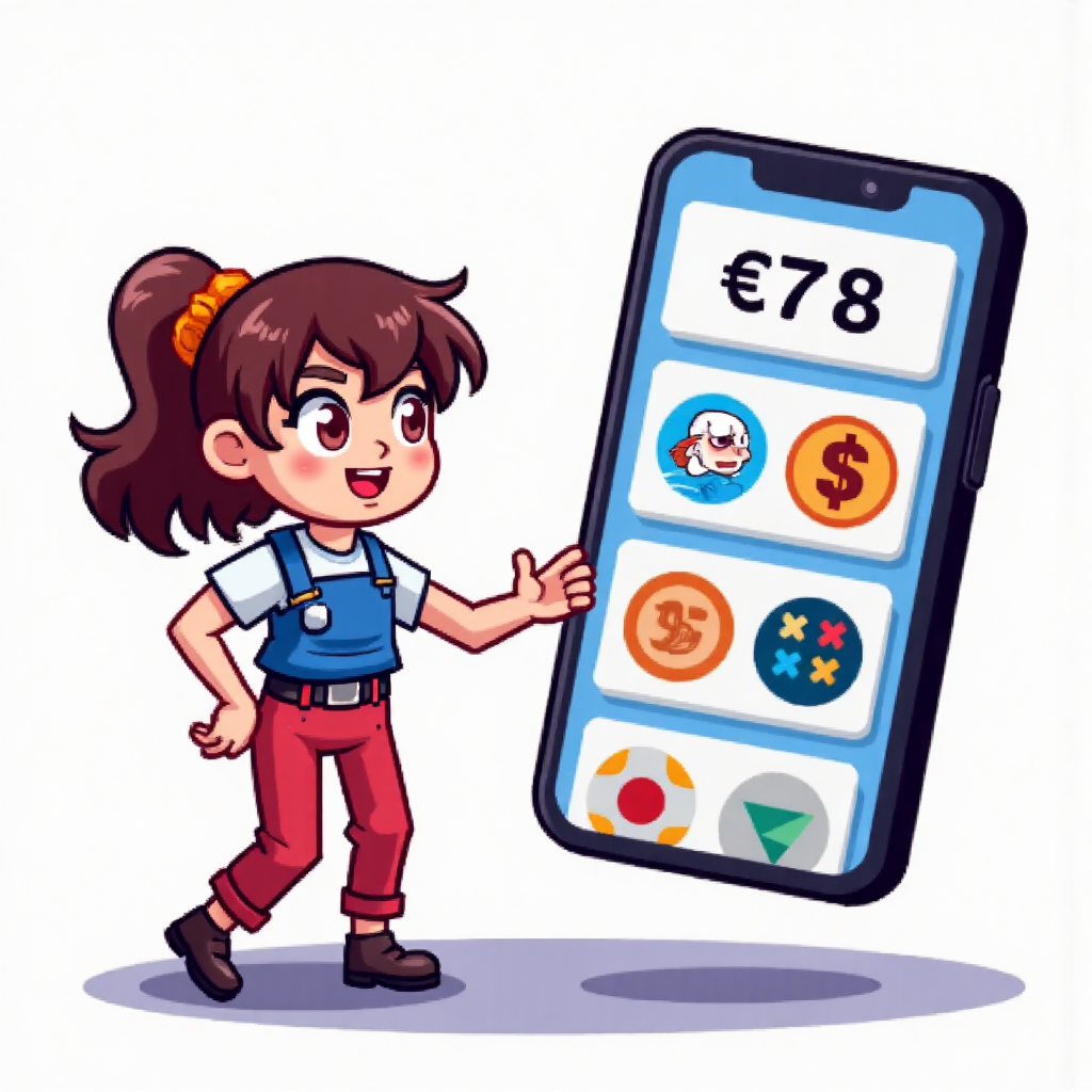 ตัวละครที่เป็นมิตรกำลังใช้แอปมือถือเพื่อตรวจสอบและแปลงสกุลเงินด้วยสีสันสดใสและอินเทอร์เฟซผู้ใช้ที่สะอาดตา แสดงเครื่องมือทางการเงิน