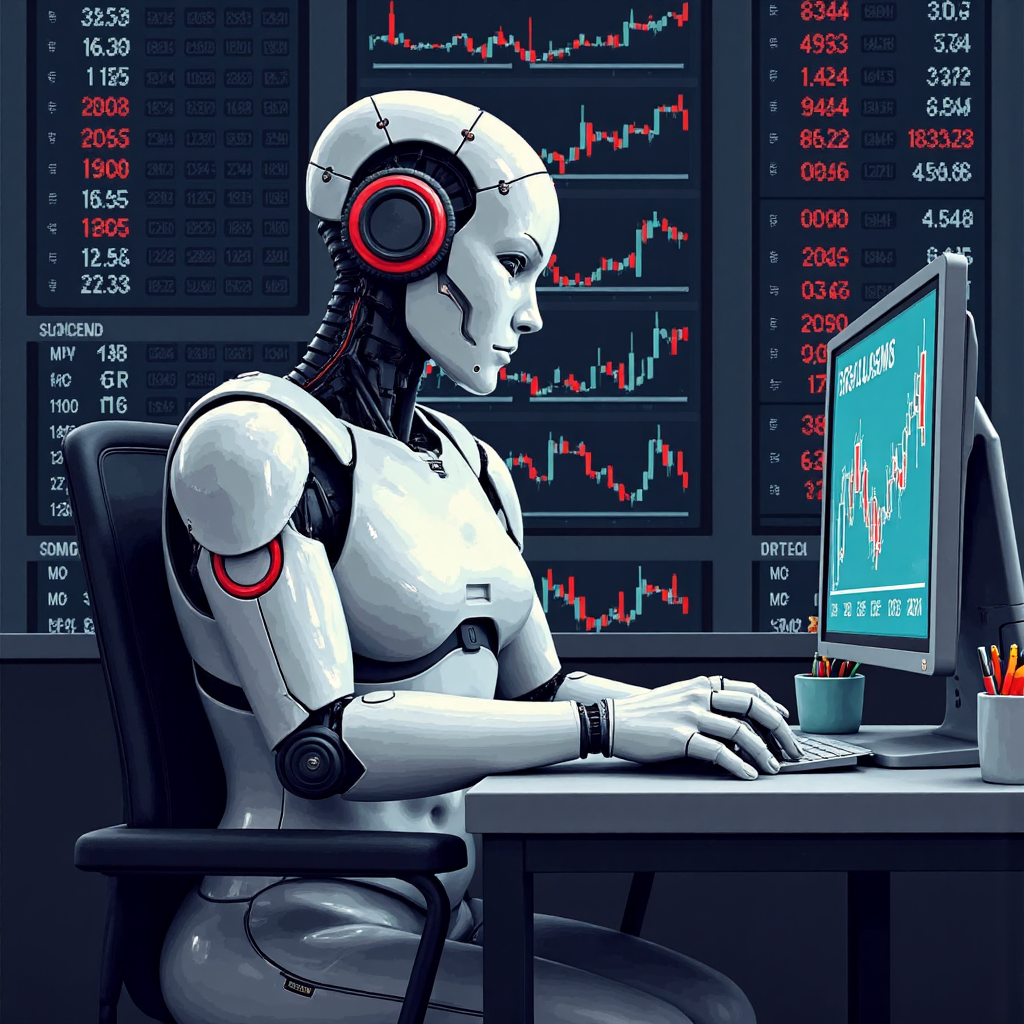 ภาพสไตล์ไอซ์แสดงหุ่นยนต์ดำเนินการซื้อขายอย่างมีประสิทธิภาพบนกราฟตลาดหุ้นดิจิทัลสำหรับ Algorithmic Trading