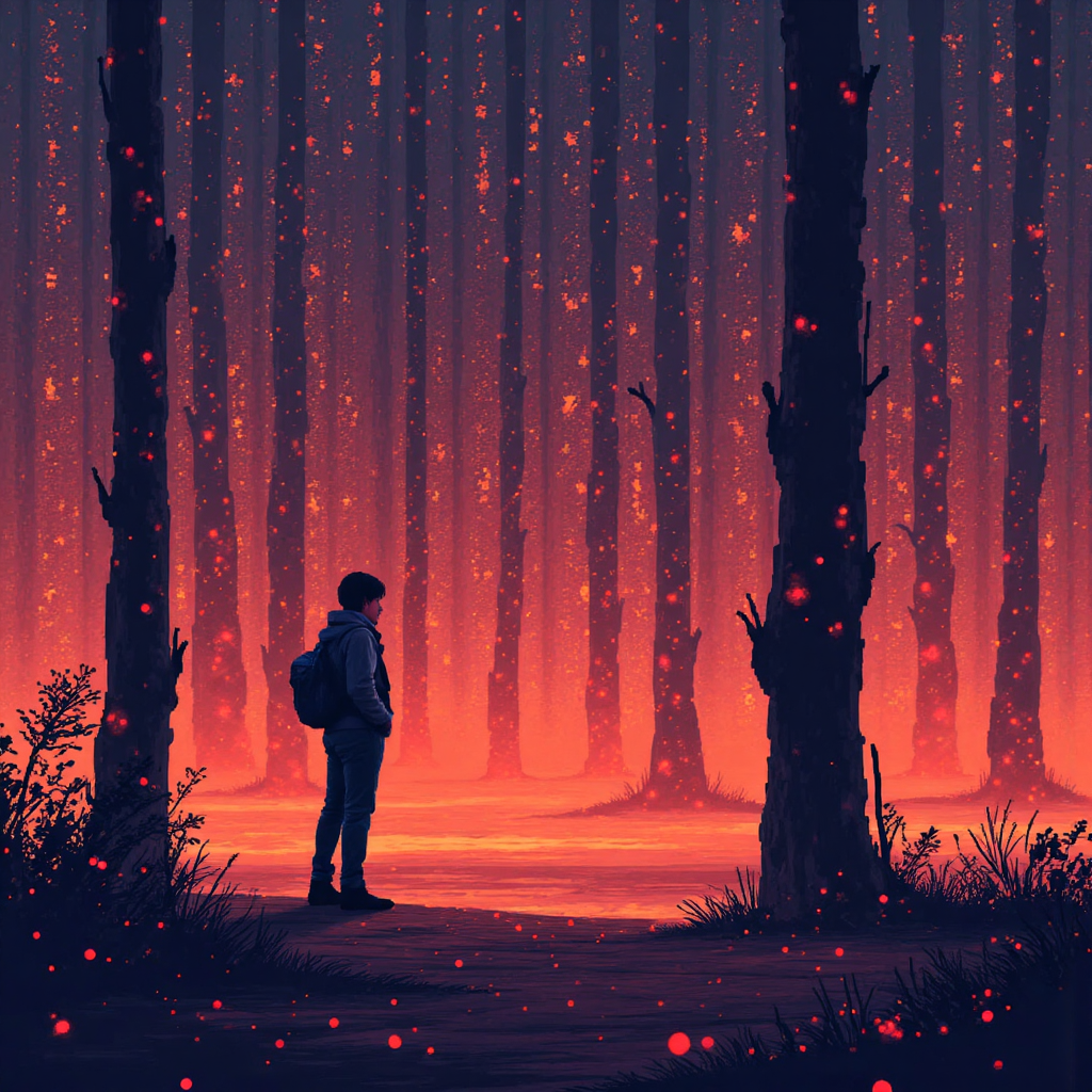 一位自信人士在發光的金融市場中導航，抽象價格圖表環繞，象徵差價合約交易機會，使用暖色調的現代像素藝術風格