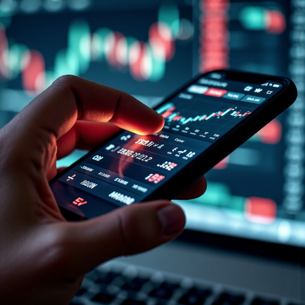 手在交易App介面上調整價格滑桿，微光交易箭頭顯示向上運動，背景模糊的股市活動