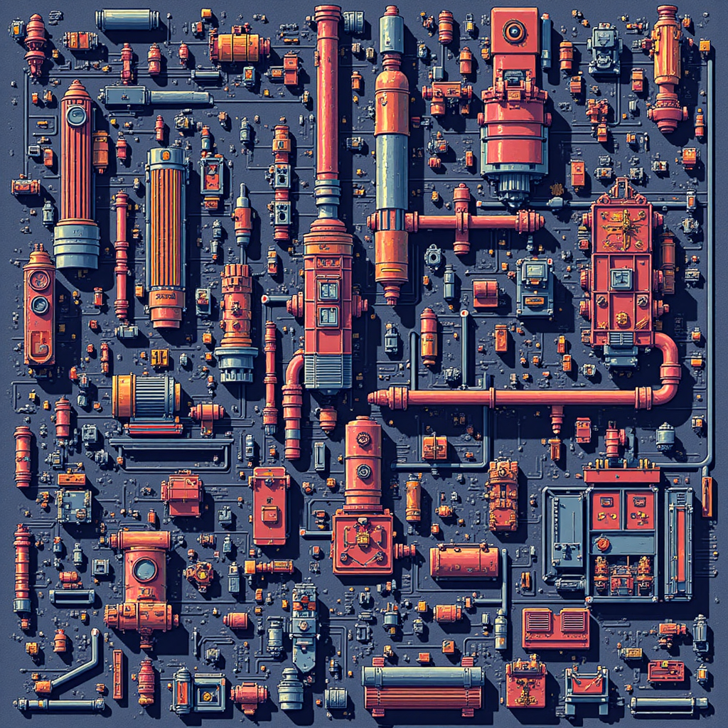 a dynamic composition featuring complex industrial machinery and futuristic technological components all rendered in a vibrant illustrative style