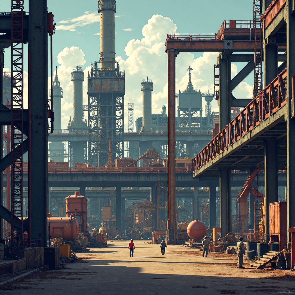 A detailed illustration depicting industrial scenes with workers interacting with large metal structures and machinery highlighting the importance of metals in modern industry