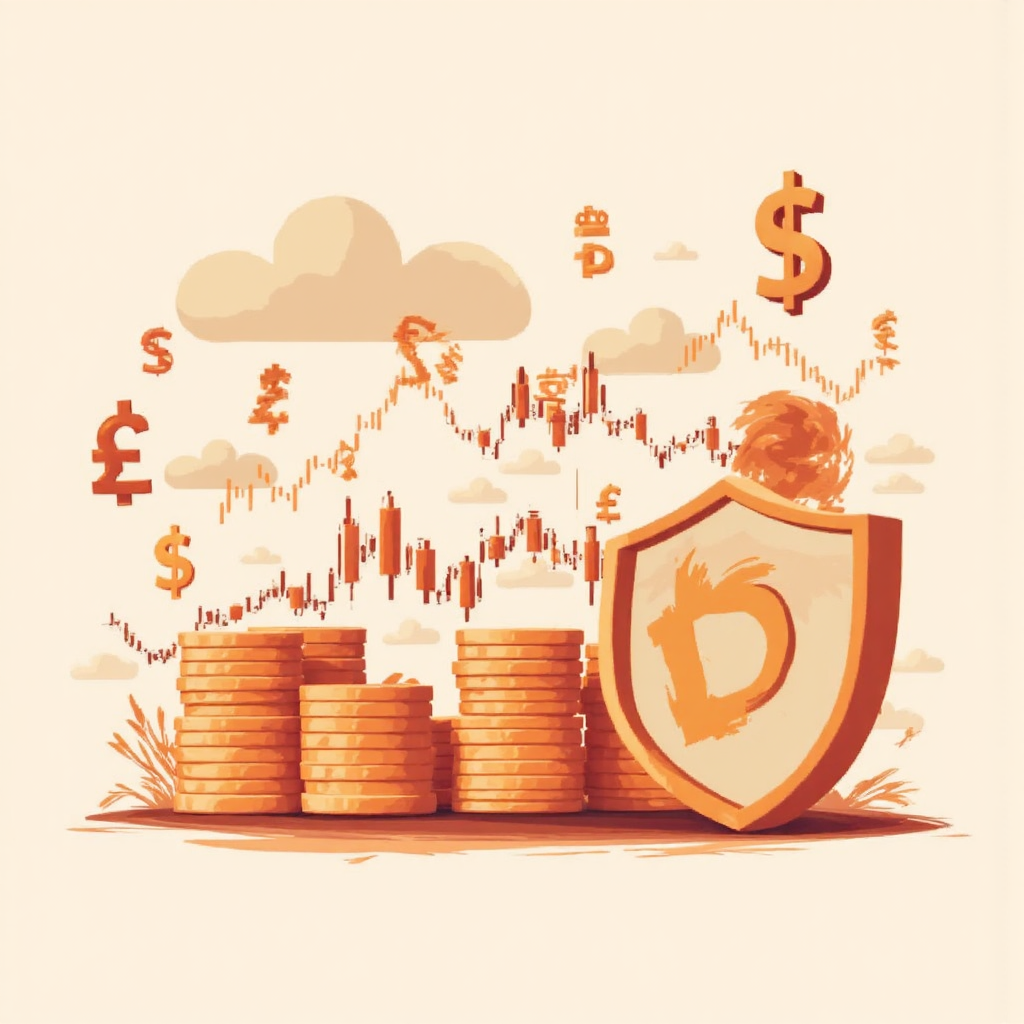An illustration showing a shield protecting a financial chart from a storm of volatile currency symbols and price fluctuations with a soft warm color palette against a clean background