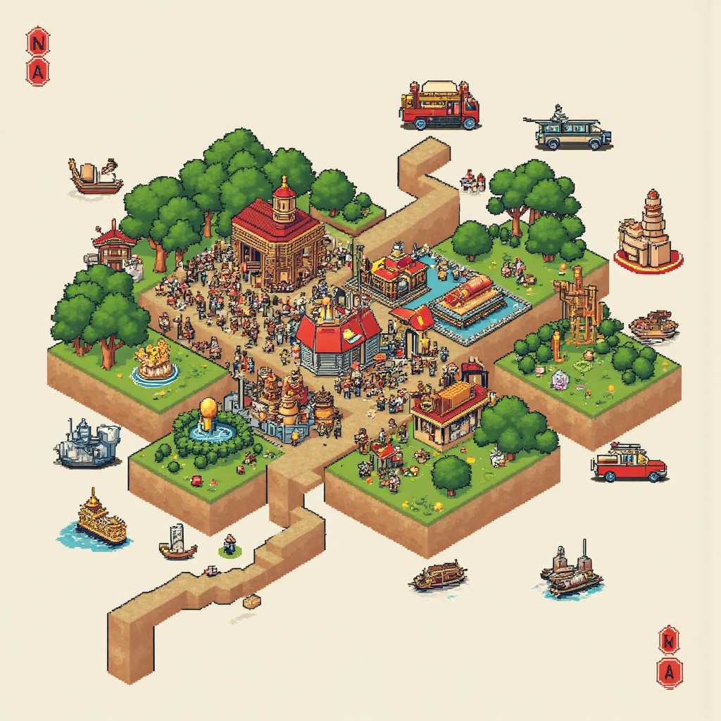 illustration of a traditional thai map with the word 'nok' pointing outwards from a central area depicting a vibrant community