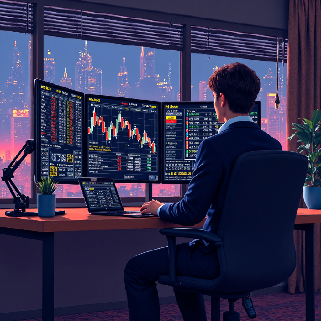 A detailed illustration of a trading desk with charts and graphs displaying USD JPY movements set against a backdrop of global financial symbols with a focused and analytical atmosphere intellectual and artistic color scheme