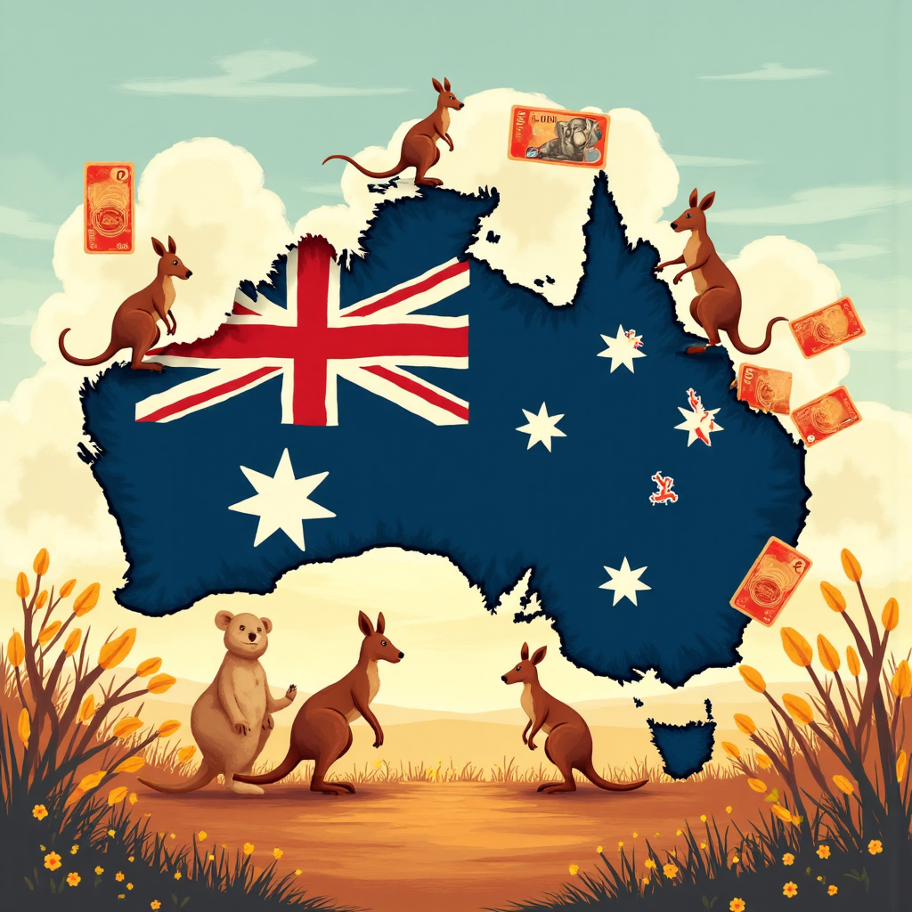 ภาพประกอบแฟนตาซีของธงชาติออสเตรเลียที่กลายร่างเป็นธนบัตรและเหรียญดอลลาร์ออสเตรเลีย พร้อมสัตว์ประจำชาติอย่างจิงโจ้และโคอาล่าที่เล่นสนุกในภูมิทัศน์ที่อบอุ่นสว่างไสว สีสันสดใส สไตล์การ์ตูน