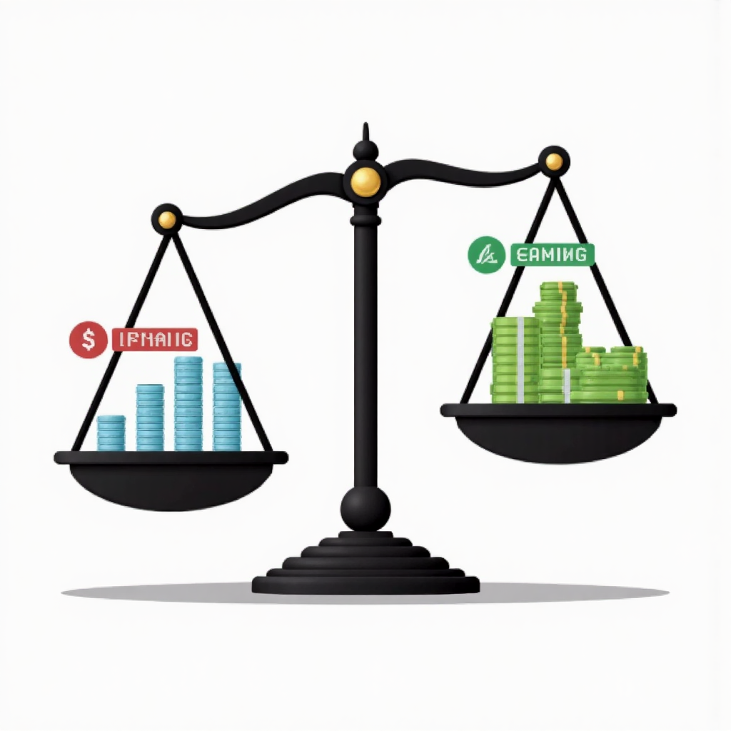 平衡高股價與低盈餘對比平衡股價與盈餘的資訊圖像素藝術,強調數據視覺化元素