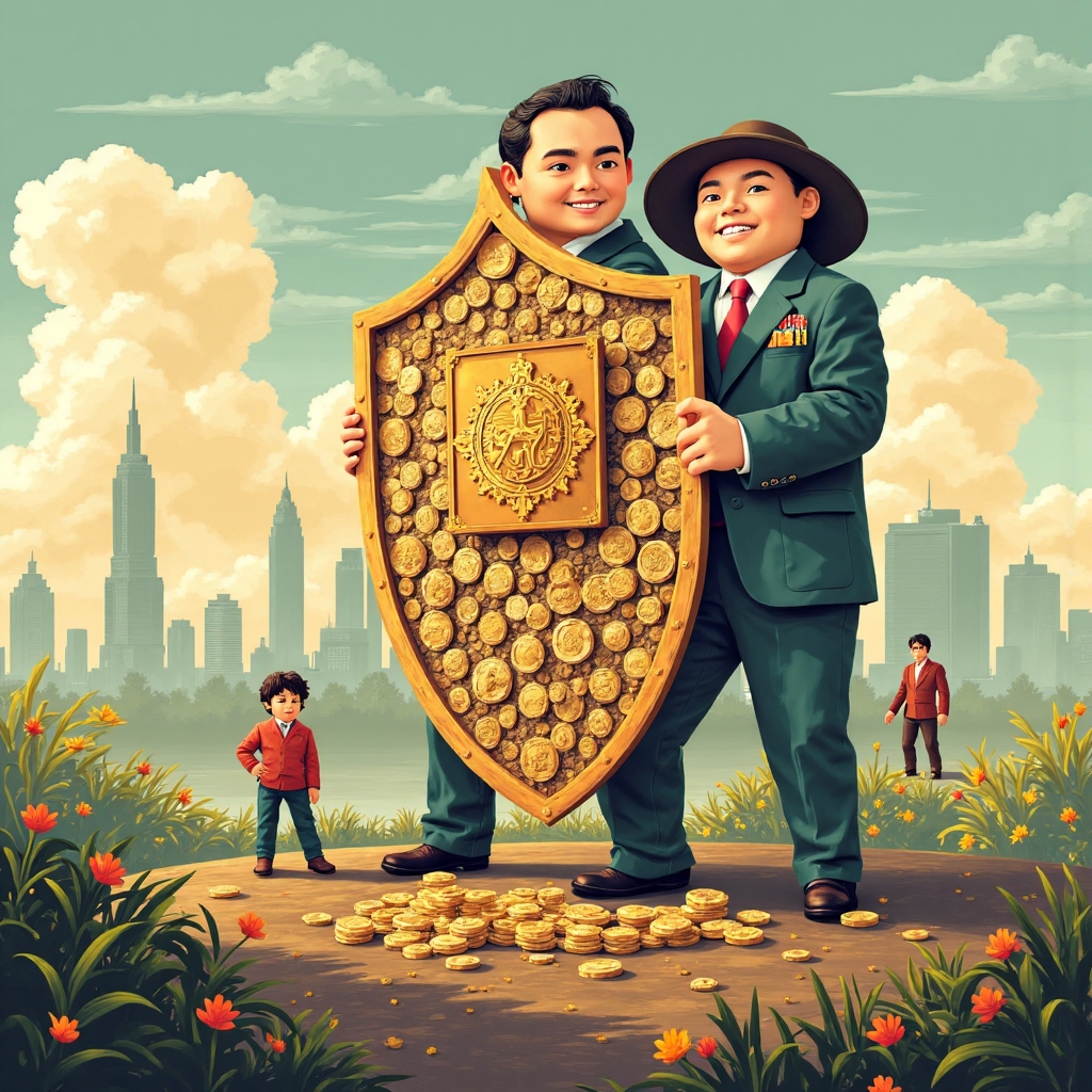 illustration of thailand central bank holding a large shield made of gold coins and foreign currency protecting the country from stormy economic winds with soft warm lighting and a gentle breeze