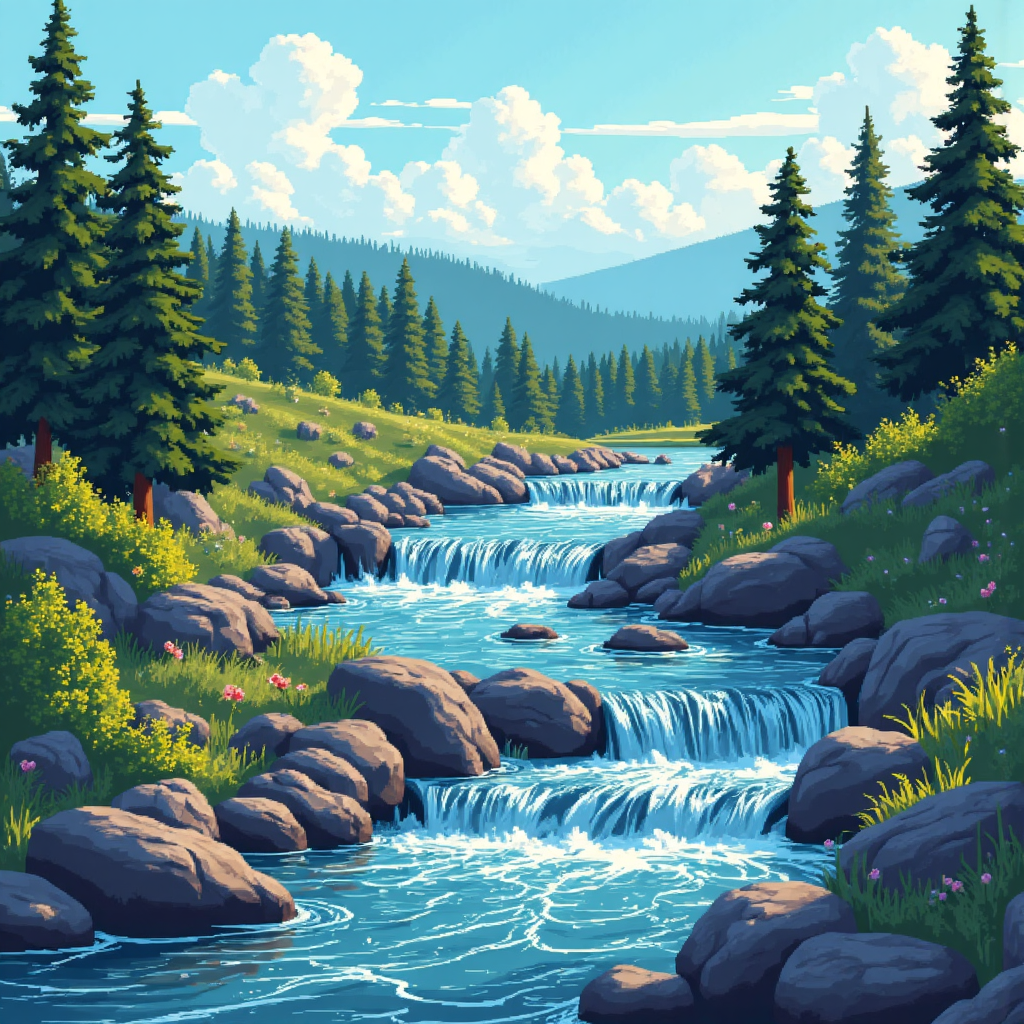 河流分流成小溪，象徵流動性影響各產業的像素藝術圖像