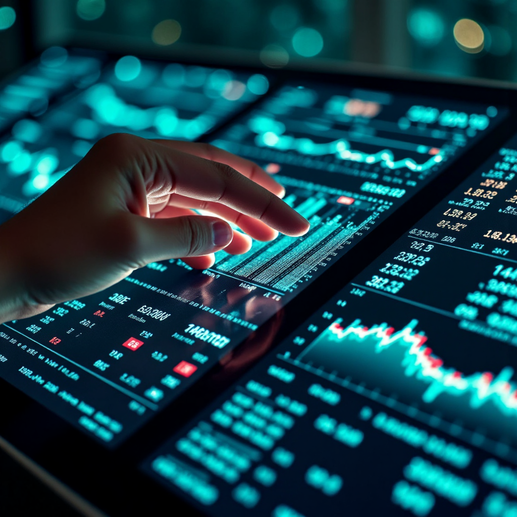 Close-up illustration of a hand interacting with a financial data interface, showing market trends and economic symbols, glowing digital lines, dark blue and teal color palette, abstract technological feel