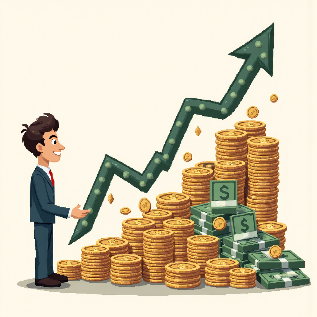 股票市場圖表轉變成金幣和股份堆疊,微笑投資者平靜觀察過程的像素藝術插圖