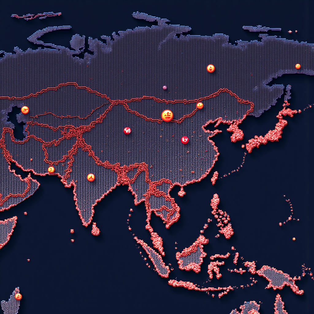 貨幣從中國流向國際樞紐如香港、倫敦和新加坡的像素藝術視覺化，展示全球擴展