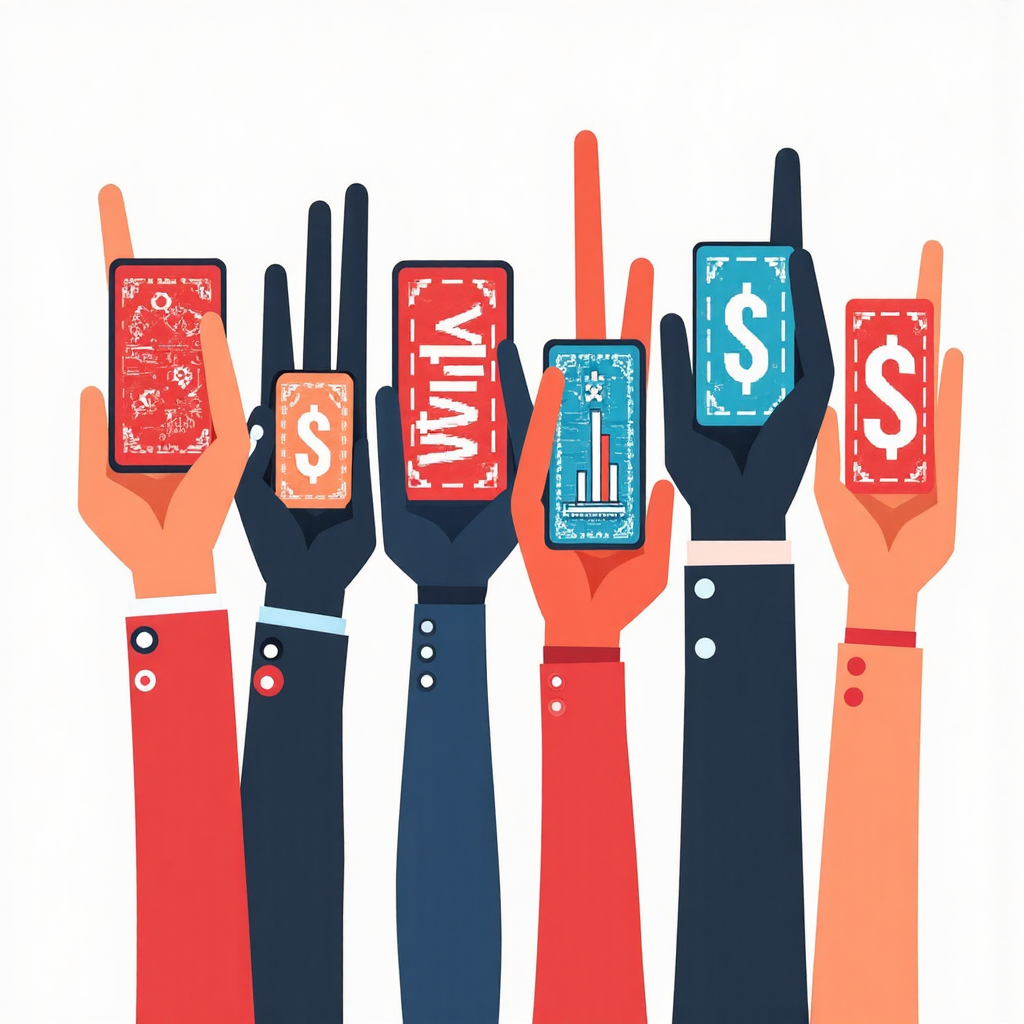 ภาพประกอบมือถือสัญลักษณ์ดัชนีหุ้นโลกอย่างดาวโจนส์และฮั่งเส็งในสไตล์นามธรรมเรียบง่ายด้วยเส้นสะอาดและสีสันสดใส