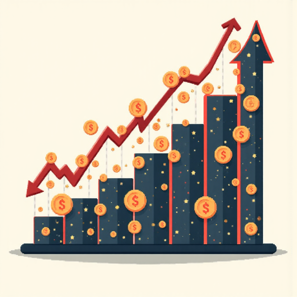 上升利率圖表與全球經濟符號的像素藝術插圖