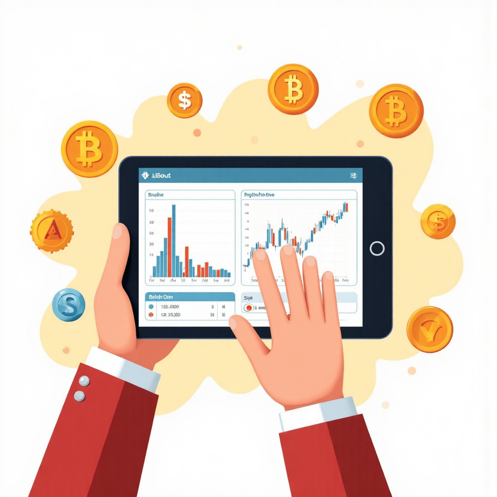 新手使用平板操作交易平台的像素藝術插圖,展示安全學習炒外匯的介面