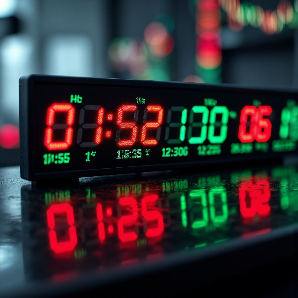 A close-up illustration of a digital clock with blurred background numbers indicating rapid price changes in a forex market setting vibrant reds and greens