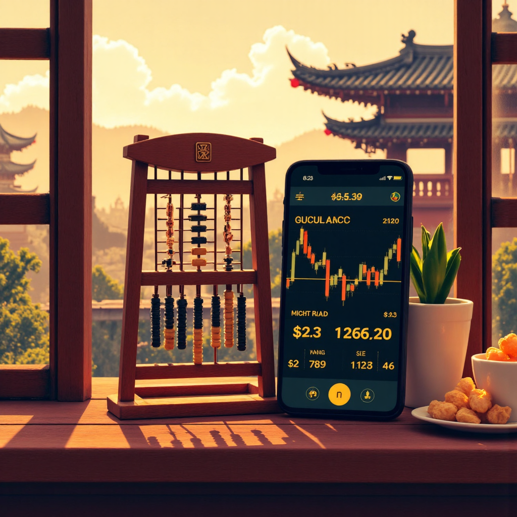 台灣傳統算盤旁邊擺放顯示金價波動圖的手機，背景為傳統台灣建築，營造溫暖柔和的燈光氛圍