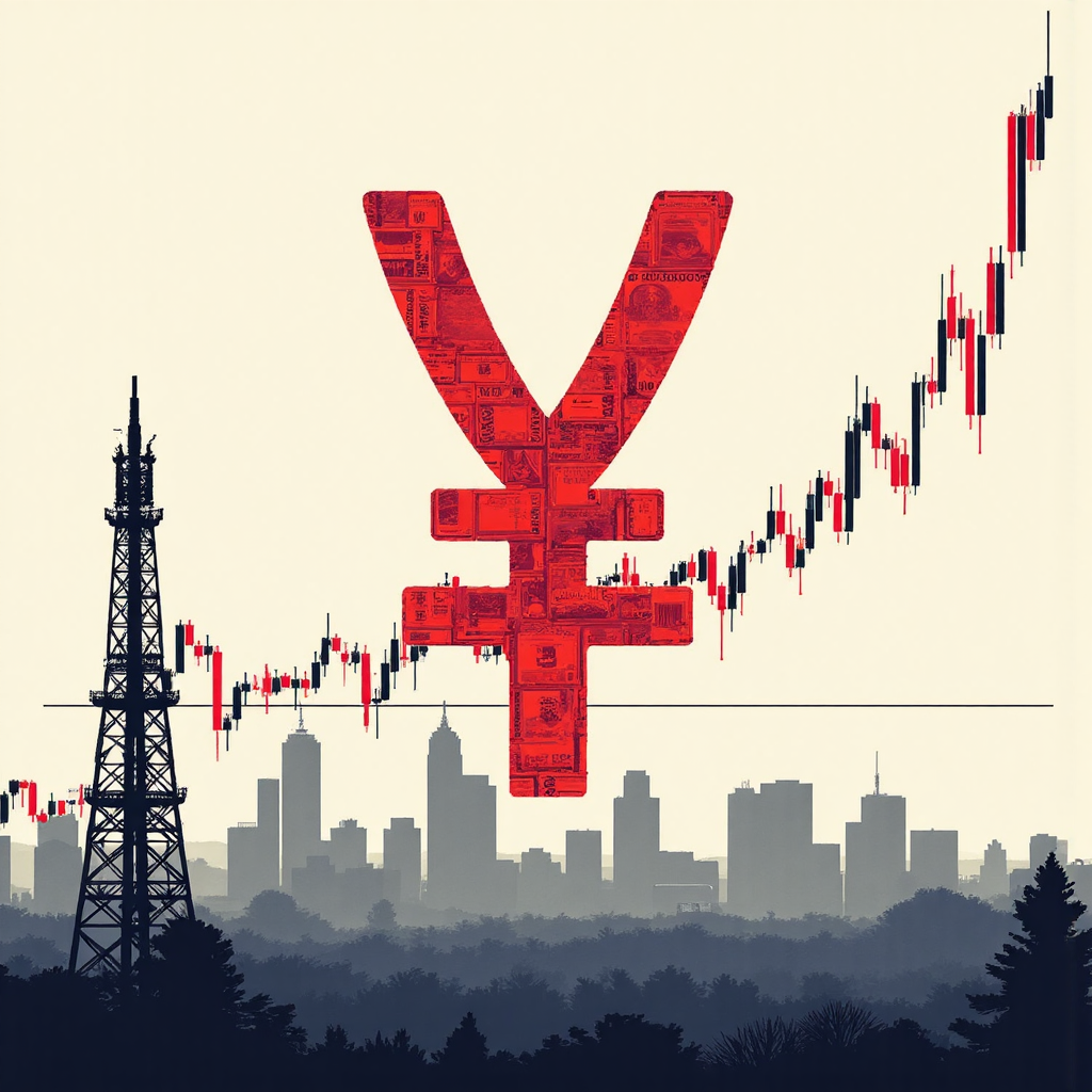 Conceptual illustration of Japanese Yen currency symbol intertwining with Nikkei index graph against a backdrop of Tokyo city skyline symbolizing currency influence on futures trading