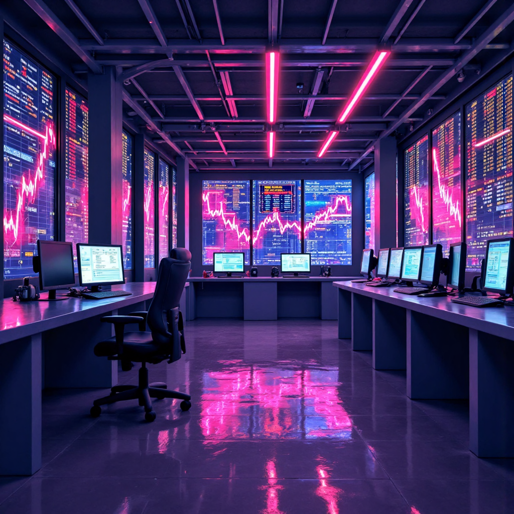 金融市場交易樓層像素藝術插圖,呈現利率數據視覺化與市場情緒光束