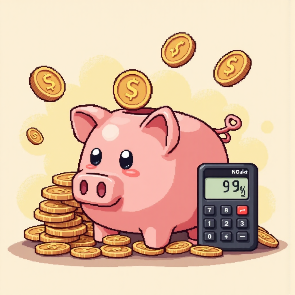 豬仔銀行帶股票代碼周圍散落硬幣與計算本益比的小計算機像素藝術插圖,溫暖邀請色調