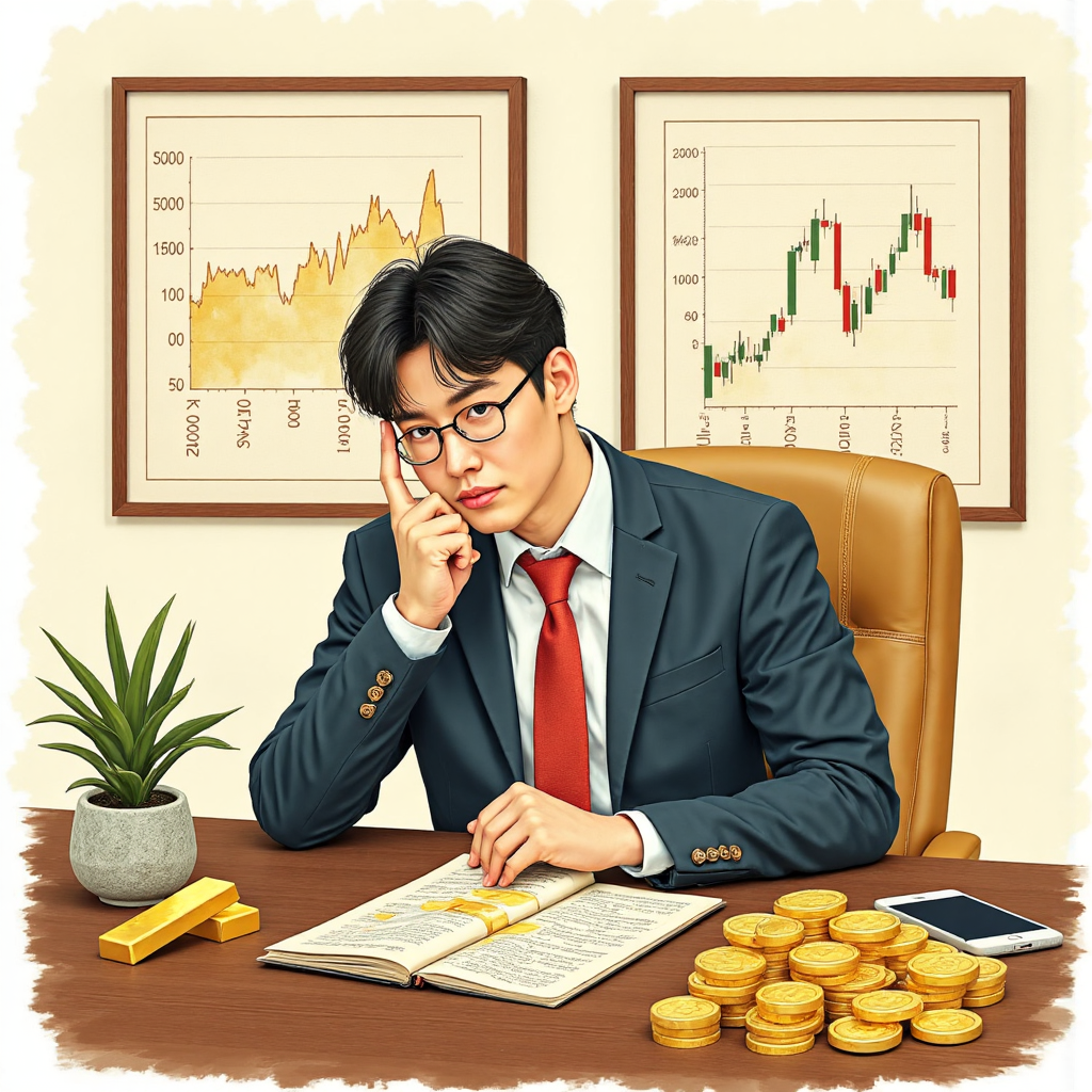 台灣投資者研究金條與利率通膨圖表的藝術水彩風格插圖