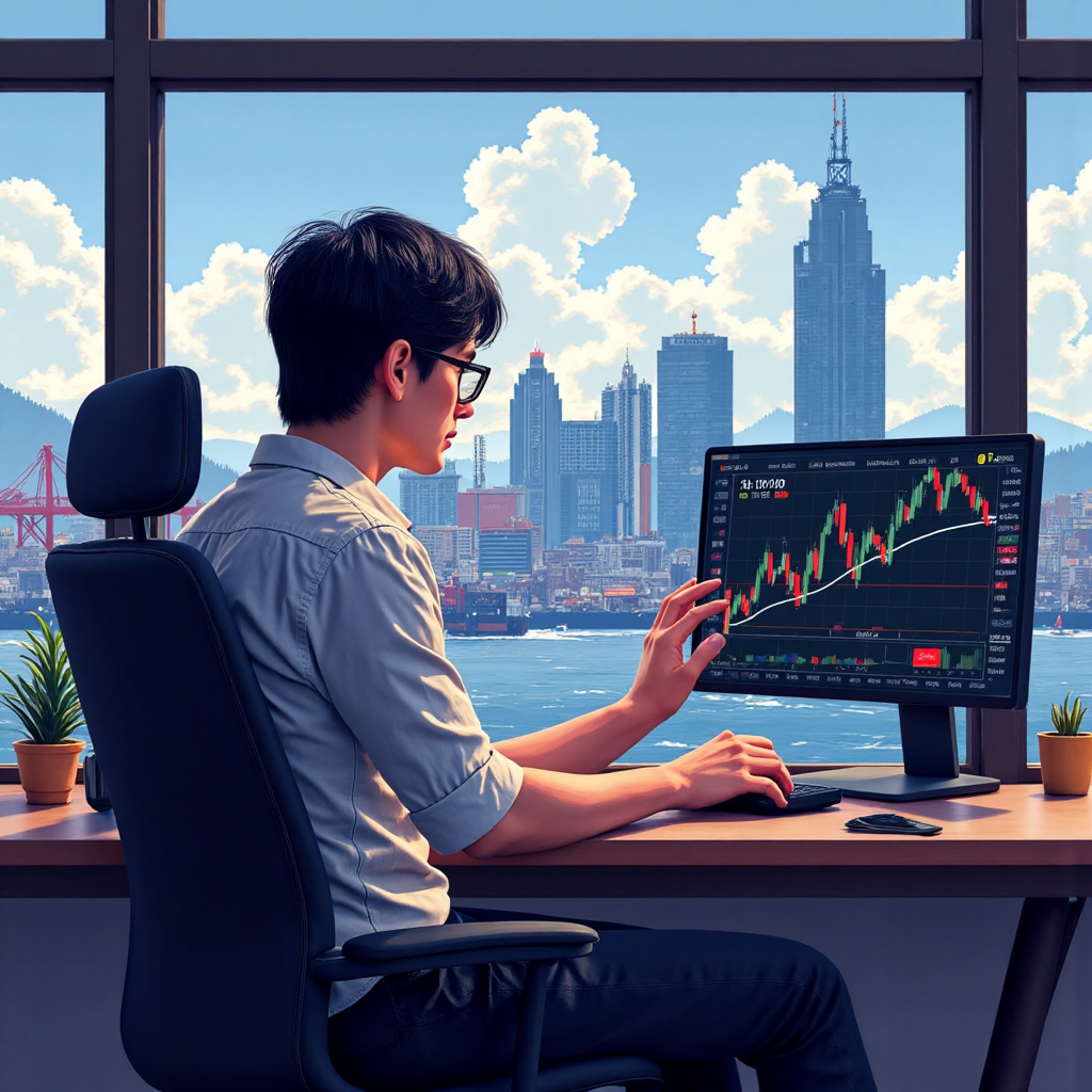 台灣投資人檢視貨幣圖表的未來裝置畫面,與全球貿易路線及經濟韌性象徵的分割場景像素藝術