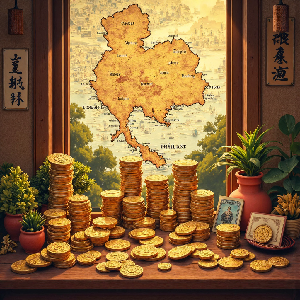 An illustration of ancient Thai coins and banknotes with a historical map of Thailand in the background bathed in warm golden light symbolizing past wealth
