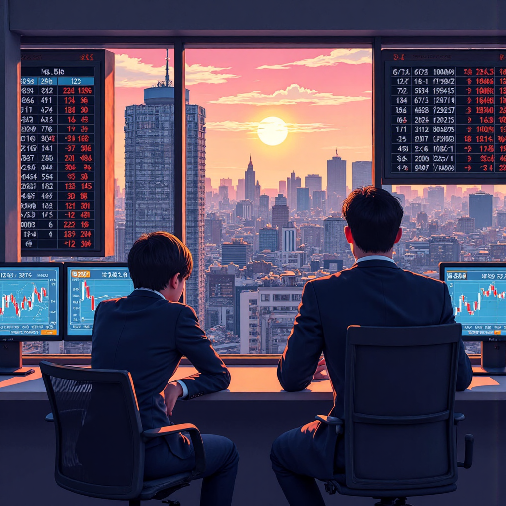 colorful illustration of a busy tokyo stock exchange with traders in modern attire overlooking digital screens displaying the nikkei 225 index graph a gentle sunrise in the background casting warm light