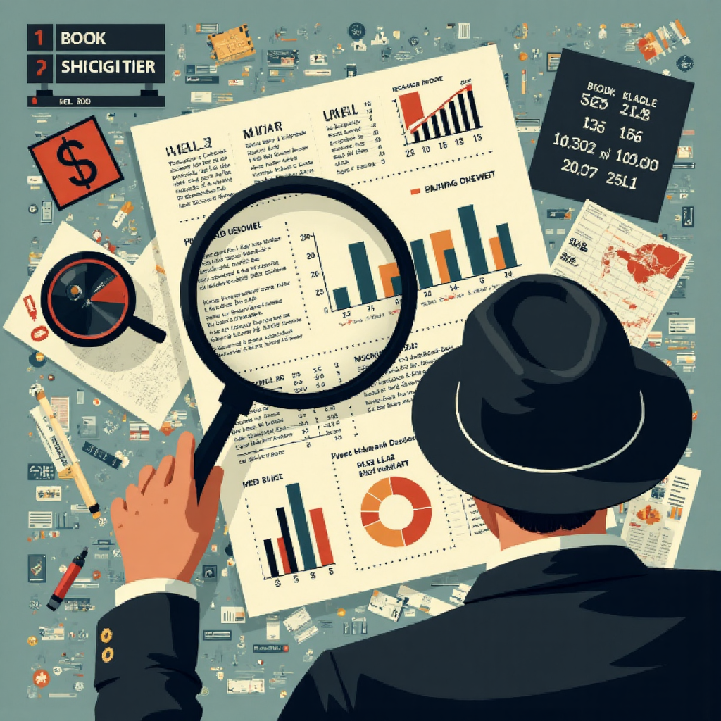 像素藝術風格的偵探放大鏡檢視財務報告,象徵深入分析股票價值過程,周圍環繞複雜圖表與數據